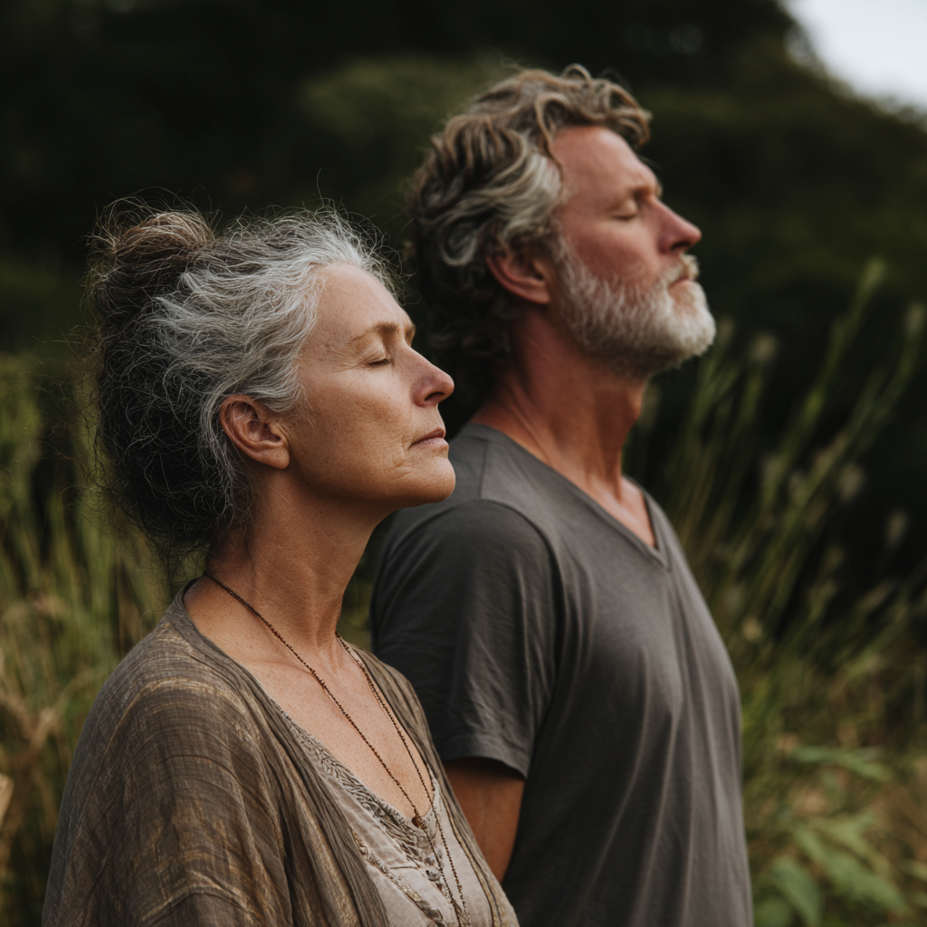 Middle-aged adults practicing gentle wellness routines in natural setting