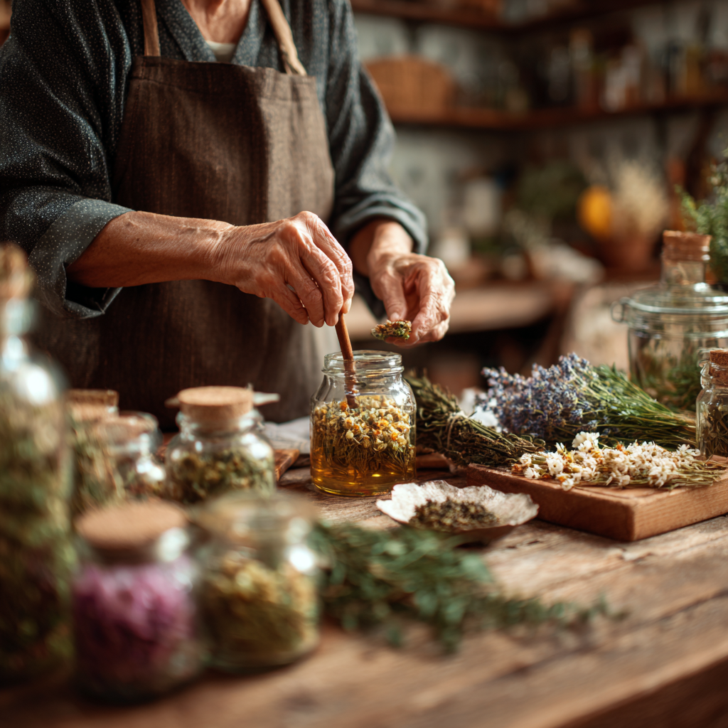 Middle-aged person preparing natural herbal remedies in kitchen setting