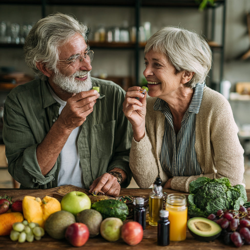 Older adults enjoying healthy lifestyle with natural products